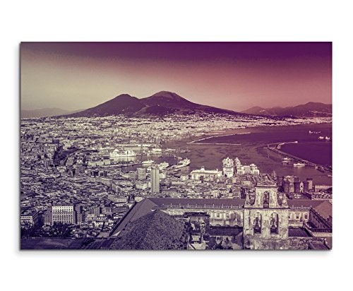 Augenblicke Wandbilder 120x80cm XXL riesige Bilder fertig gerahmt mit Echtholzrahmen in Mauve Stadt Napoli (Neapel) Sonnenuntergang