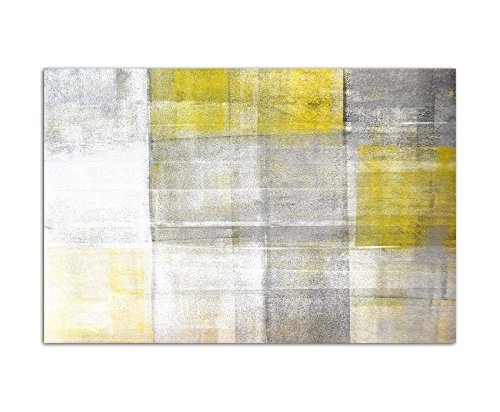120x80cm - Fotodruck auf Leinwand und Rahmen Malerei Gemälde gelb/grau abstrakt - Leinwandbild auf Keilrahmen modern stilvoll - Bilder und Dekoration