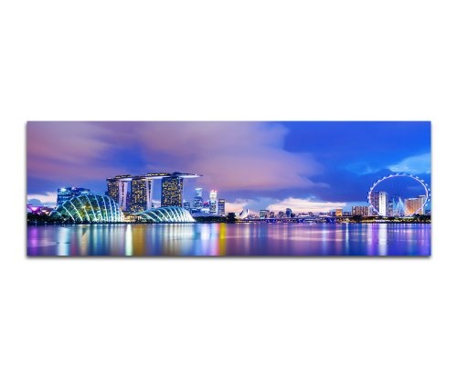 Singapur Skyline 150x50cm Panorama Wandbild auf Leinwand und Keilrahmen fertig zum aufhängen - Unsere Bilder auf Leinwand bestechen durch ihre ungewöhnlichen Formate und den extrem detaillierten Druck aus bis zu 100 Megapixel hoch aufgelösten Fotos.