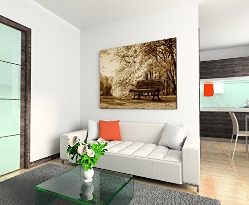 Augenblicke Wandbilder 120x80cm XXL riesige Bilder fertig gerahmt mit Keilrahmenin Sepia Blühende Bäume Bank
