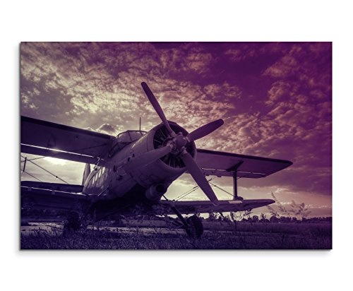 Augenblicke Wandbilder 120x80cm XXL riesige Bilder fertig gerahmt mit Echtholzrahmen in Mauve Altes Flugzeug Sonnenuntergang