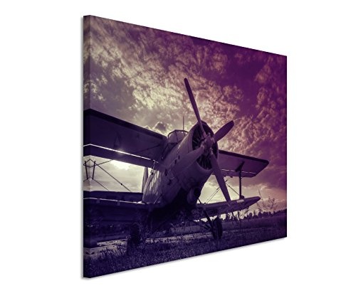 Augenblicke Wandbilder 120x80cm XXL riesige Bilder fertig gerahmt mit Echtholzrahmen in Mauve Altes Flugzeug Sonnenuntergang