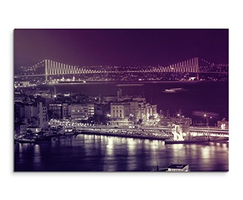 Augenblicke Wandbilder 120x80cm XXL riesige Bilder fertig gerahmt mit Echtholzrahmen in Mauve Bosporusbrücke Istanbul Nachts
