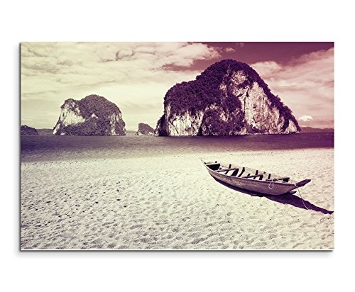 Augenblicke Wandbilder 120x80cm XXL riesige Bilder fertig gerahmt mit Echtholzrahmen in Mauve Strand Felsen Thailand