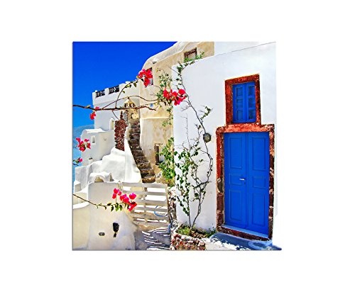 80x80cm - Fotodruck auf Leinwand und Rahmen Santorini Haus Blumen mediterran - Leinwandbild auf Keilrahmen modern stilvoll - Bilder und Dekoration