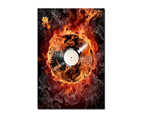 120x80cm - Fotodruck auf Leinwand und Rahmen Schallplatte Feuer Rauch Musik - Leinwandbild auf Keilrahmen modern stilvoll - Bilder und Dekoration