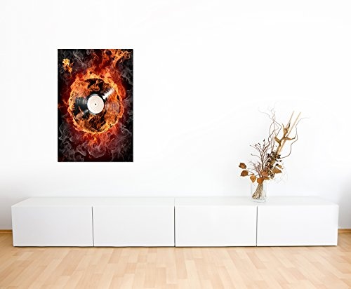 120x80cm - Fotodruck auf Leinwand und Rahmen Schallplatte Feuer Rauch Musik - Leinwandbild auf Keilrahmen modern stilvoll - Bilder und Dekoration