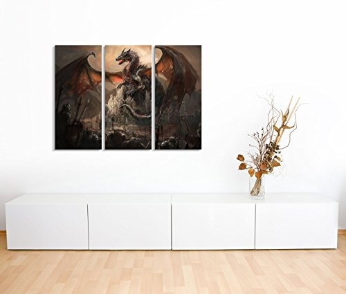 3x40x90cm (Gesamt:130x90cm) 3teiliges Bild auf Leinwand Ritter Drachen Kampf Dunkelheit Fantasy Wandbild auf Leinwand als Panorama
