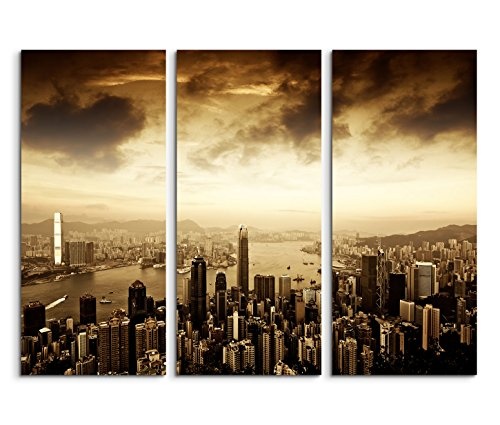 3x40x90cm (Gesamt:130x90cm) 3teiliges Bild auf Leinwand Hongkong Skyline Wolken Wandbild auf Leinwand als Panorama