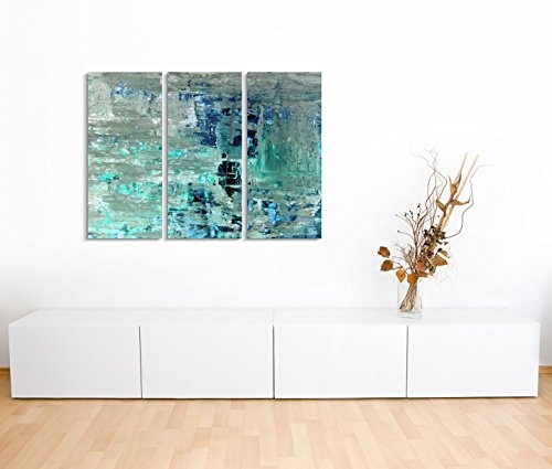 3x40x90cm (Gesamt:130x90cm) 3teiliges Bild auf Leinwand Kunstmalerei blau grün abstrakt Wandbild auf Leinwand als Panorama