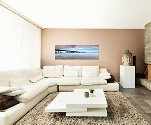 Augenblicke Wandbilder Leinwandbild als Panorama in 150x50cm Strand Meer Wellen Sturm Steg Wolken