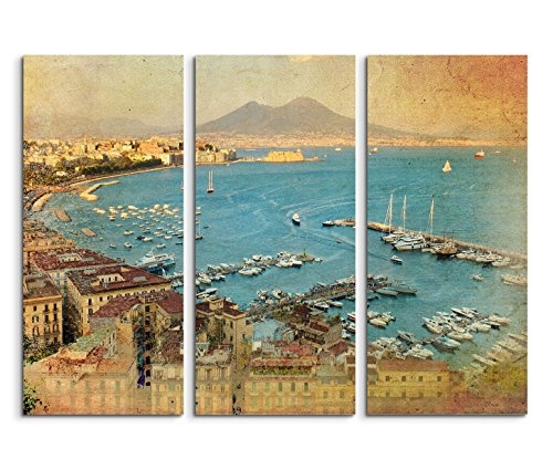3x40x90cm (Gesamt:130x90cm) 3teiliges Bild auf Leinwand Neapel Meer Hafen Boote Vesuv Berg Sommer Wandbild auf Leinwand als Panorama