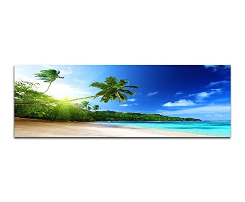 Augenblicke Wandbilder Leinwandbild als Panorama in 150x50cm Seychellen Meer Strand Palmen Abendsonne