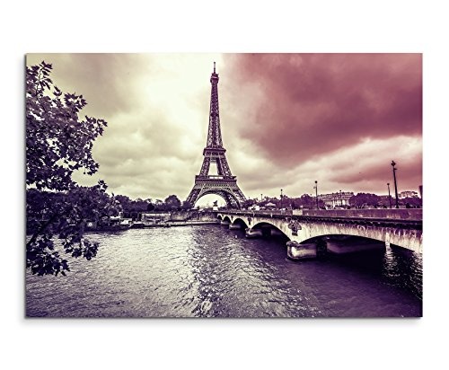 Augenblicke Wandbilder 120x80cm XXL riesige Bilder fertig gerahmt mit Echtholzrahmen in Mauve Eiffelturm Winter Regen Paris