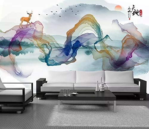 LWATML 3D Tapeten Mode 3D Tapete Chinesische Abstrakte Dekorative Malerei Tinte Landschaft Vogel Hintergrund-350X256Cm