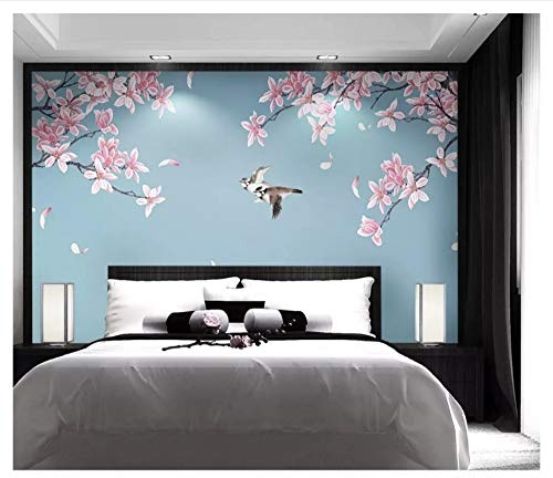 LWATML 3D Tapeten Dicke Seidige Dekorative Malerei Tapete Im Chinesischen Stil Handbemalte Blaue Vögel Blumen Hintergrund 3D Tapete-400X280Cm