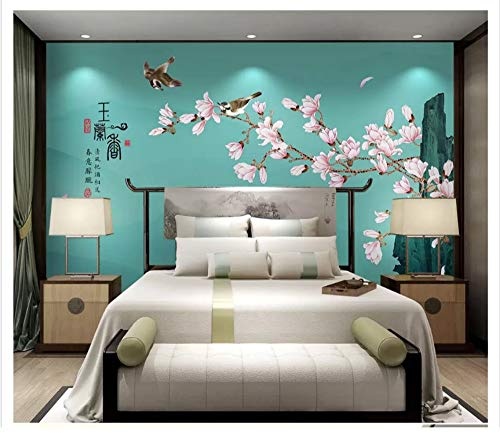 LWATML 3D Tapeten Dicke Seidige Dekorative Malerei Tapete Im Chinesischen Stil Handgemalte Grüne Vögel Blumen Hintergrund 3D Tapete-400X280Cm