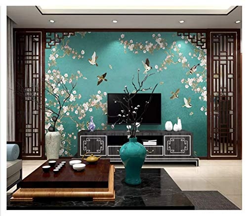 LWATML 3D Tapeten 3D Dicke Seidige Dekorative Malerei Tapete Im Chinesischen Stil Elegante Handgemalte Vögel Blumen Hintergrund 3D Tapete-300X210Cm
