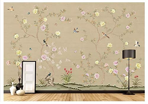 LWATML 3D Tapeten Dicke Seidige Dekorative Malerei Tapeten Im Chinesischen Stil Elegante Handgemalte Vögel Blumen Hintergrund 3D Tapete-400X280Cm