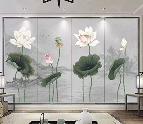 LWATML 3D Tapeten Art Und Weise 3D Tapete Verlässt Neues Klassisches Schönes Rosafarbenes Lotosgrün Der Chinesischen Art Dekorative Malerei-350X256Cm