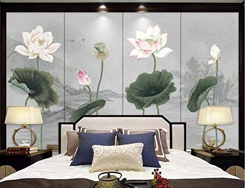 LWATML 3D Tapeten Art Und Weise 3D Tapete Verlässt Neues Klassisches Schönes Rosafarbenes Lotosgrün Der Chinesischen Art Dekorative Malerei-350X256Cm