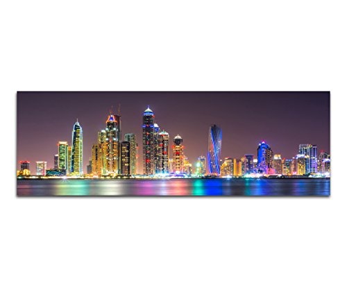 Augenblicke Wandbilder Keilrahmenbild Wandbild 150x50cm Dubai Skyline Wasser Nacht Lichter