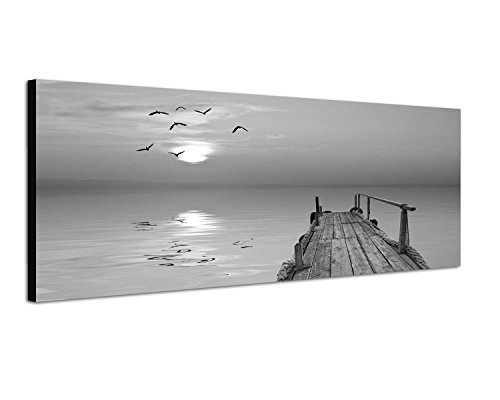 Augenblicke Wandbilder Keilrahmenbild Panoramabild SCHWARZ/Weiss 150x50cm Wasser Holzsteg Seevögel Sonnenuntergang