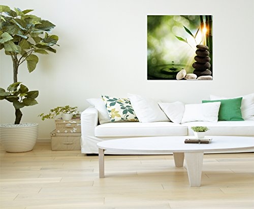 80x80cm - Fotodruck auf Leinwand und Rahmen Bambus Wasser Tropfen Steine - Leinwandbild auf Keilrahmen modern stilvoll - Bilder und Dekoration