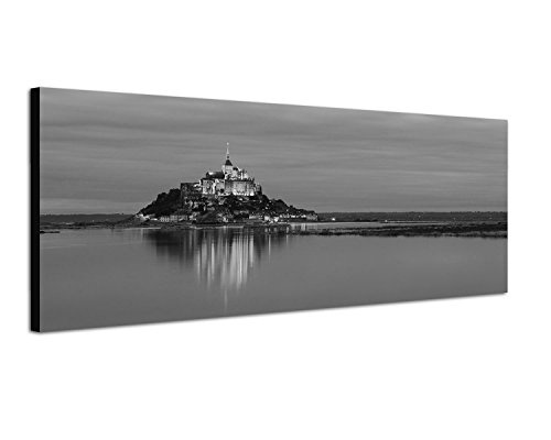 Augenblicke Wandbilder Keilrahmenbild Panoramabild SCHWARZ/Weiss 150x50cm Mont-Saint-Michel Wasser Nacht