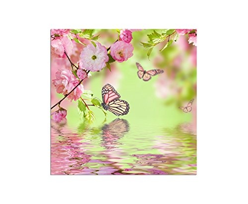 80x80cm - Fotodruck auf Leinwand und Rahmen Kirschblüte Schmetterlinge Orient Wasser - Leinwandbild auf Keilrahmen modern stilvoll - Bilder und Dekoration