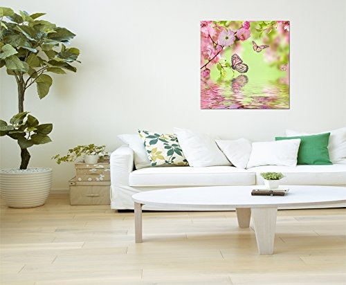 80x80cm - Fotodruck auf Leinwand und Rahmen Kirschblüte Schmetterlinge Orient Wasser - Leinwandbild auf Keilrahmen modern stilvoll - Bilder und Dekoration