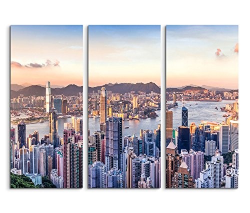 3x40x90cm (Gesamt:130x90cm) 3teiliges Bild auf Leinwand Hongkong Victoria Harbor Wolkenkratzer Wasser Wandbild auf Leinwand als Panorama