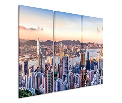 3x40x90cm (Gesamt:130x90cm) 3teiliges Bild auf Leinwand Hongkong Victoria Harbor Wolkenkratzer Wasser Wandbild auf Leinwand als Panorama