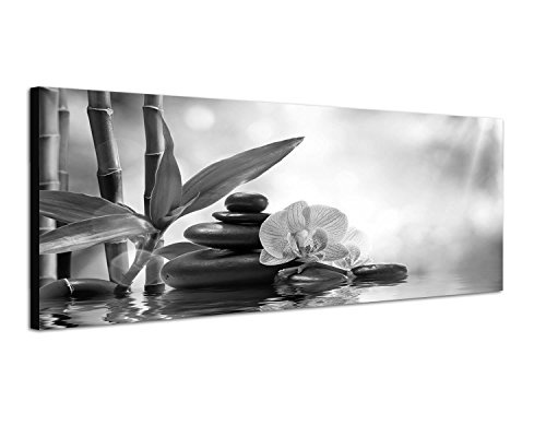 Augenblicke Wandbilder Keilrahmenbild Panoramabild SCHWARZ/Weiss 150x50cm Orchidee Bambus Wasser Steine Sonnenlicht