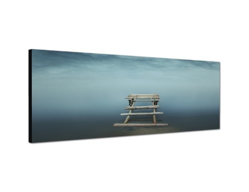 Augenblicke Wandbilder Keilrahmenbild Wandbild 150x50cm Wasser Holzsteg Wolken Nebel Dunst