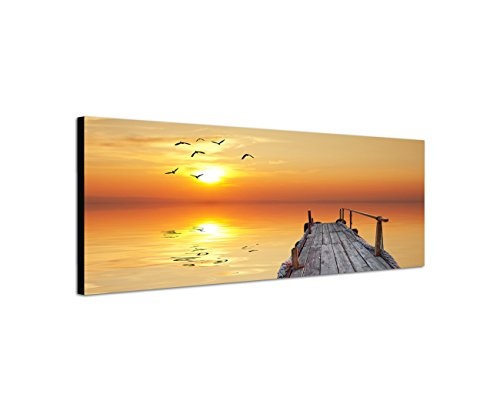 Augenblicke Wandbilder Keilrahmenbild Wandbild 150x50cm Wasser Holzsteg Seevögel Sonnenuntergang