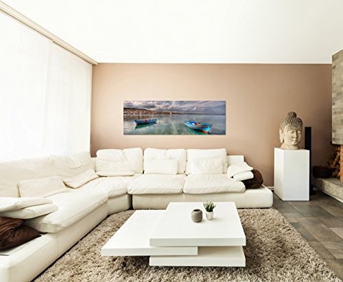 Augenblicke Wandbilder Keilrahmenbild Wandbild 150x50cm Meer Wasser Boote Städtchen Wolkenhimmel