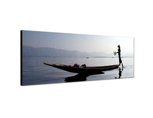 Augenblicke Wandbilder Keilrahmenbild Wandbild 150x50cm Myanmar Wasser Fischerboot Fischer Silhouette