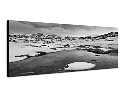 Augenblicke Wandbilder Keilrahmenbild Panoramabild SCHWARZ/Weiss 150x50cm Wasser Berge Schnee Wolkenhimmel