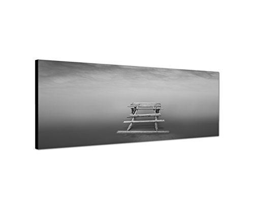 Augenblicke Wandbilder Keilrahmenbild Panoramabild SCHWARZ/Weiss 150x50cm Wasser Holzsteg Wolken Nebel Dunst