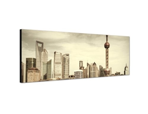 Augenblicke Wandbilder Keilrahmenbild Wandbild 150x50cm Shanghai Skyline Wasser Boot Steg