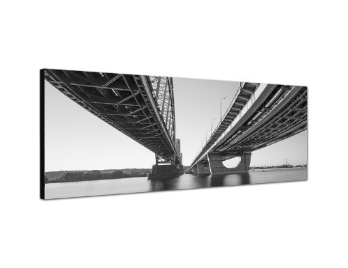 Augenblicke Wandbilder Keilrahmenbild Wandbild 150x50cm Kiew Brücke Wasser schwarz/weiß