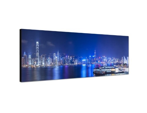 Augenblicke Wandbilder Keilrahmenbild Wandbild 150x50cm Hongkong Skyline Wasser Nacht Lichter
