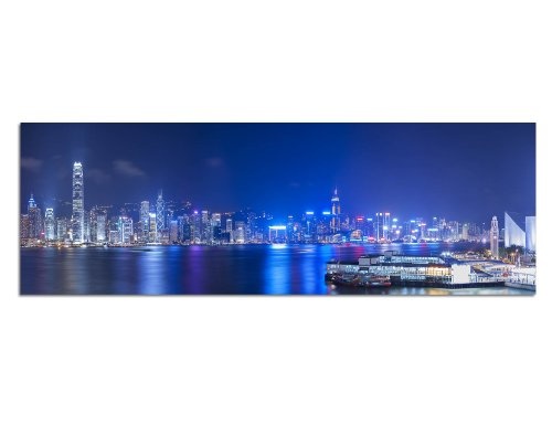 Augenblicke Wandbilder Keilrahmenbild Wandbild 150x50cm Hongkong Skyline Wasser Nacht Lichter