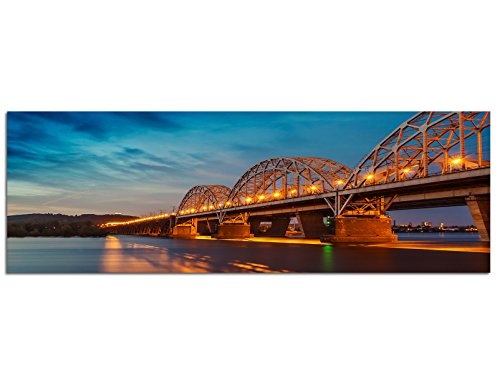 Augenblicke Wandbilder Keilrahmenbild Wandbild 150x50cm Kiew Eisenbahnbrücke Wasser Nacht Lichter