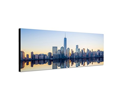 Augenblicke Wandbilder Keilrahmenbild Wandbild 150x50cm Manhattan Skyline Wasser Morgenlicht