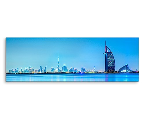 Panoramabild 150x50cm Architekturfotografie - Dubai Skyline im Morgengrauen, UAE auf Leinwand exklusives Wandbild moderne Fotografie für ihre Wand in vielen Größen