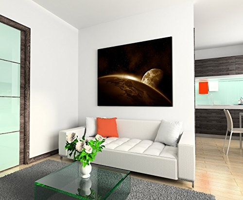 Augenblicke Wandbilder 120x80cm XXL riesige Bilder fertig gerahmt mit Keilrahmenin Sepia Weltall Erde Mond Sonnenaufgang