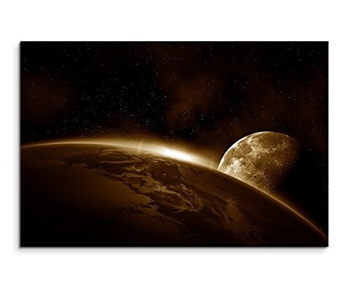 Augenblicke Wandbilder 120x80cm XXL riesige Bilder fertig gerahmt mit Keilrahmenin Sepia Weltall Erde Mond Sonnenaufgang