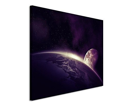 Augenblicke Wandbilder 120x80cm XXL riesige Bilder fertig gerahmt mit Echtholzrahmen in Mauve Weltall Erde Mond Sonnenaufgang